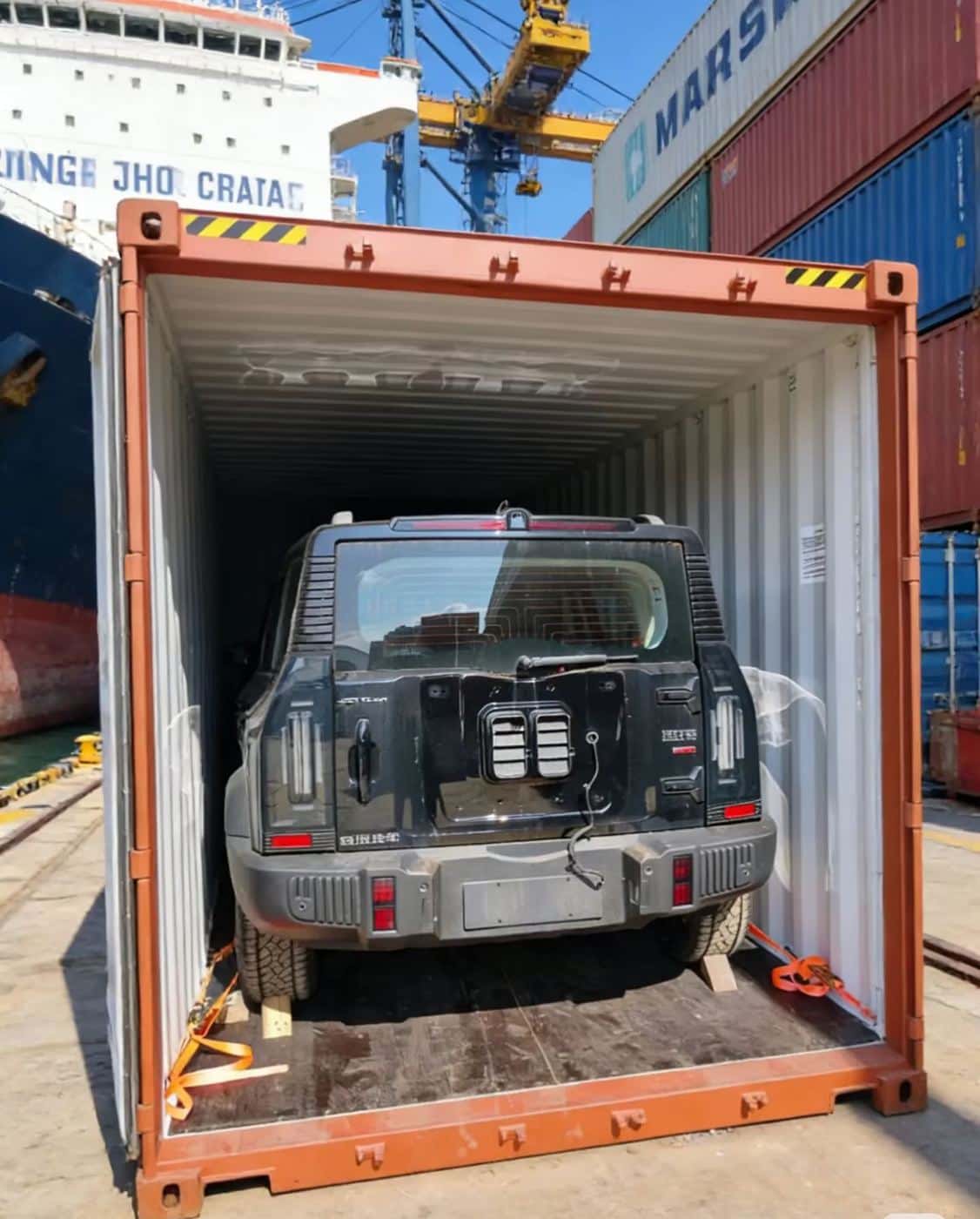 SUV secured inside a 40-foot container